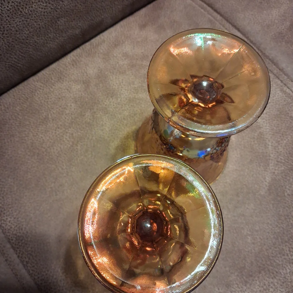 1970s Indiana Glass Iridescent Amber Grape Pattern Goblets